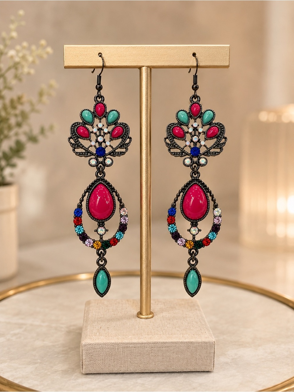 Boho Multicolor Rhinestone Dangle Earrings Red Turquoise Statement Earrings